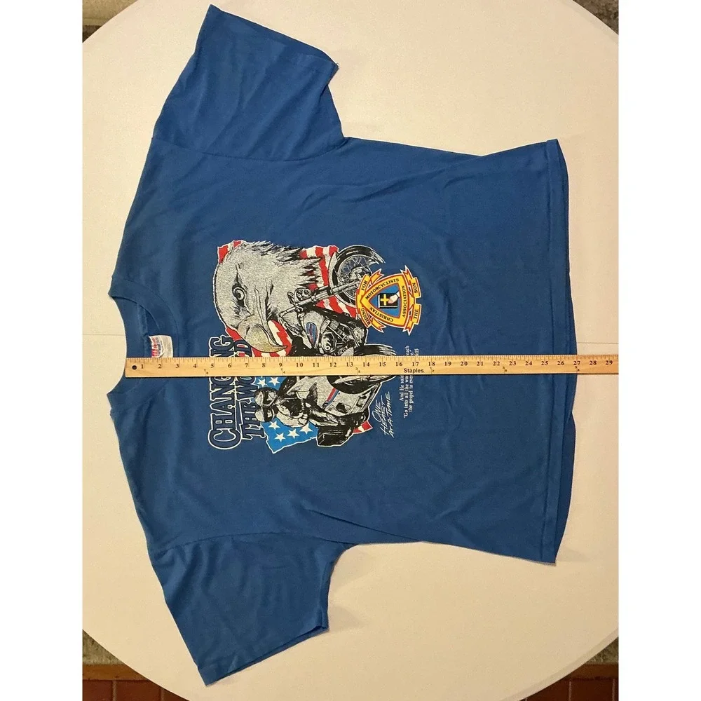 VTG USA Made‎ Single Stitch Christian Motorcycle Grunge T-Shirt Blue XXL Eagle
